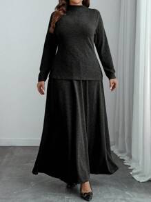 Flirla Plus Size Minimalist Commuter Solid Stand Collar Asymmetric Top And Voluminous Skirt 2 Pieces Set, Autumn/Winter - Black - View 3