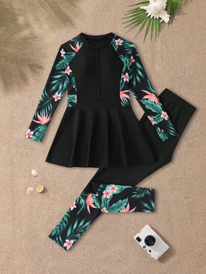 SHEIN Tween Girls Coconut Palm Print Dragkedja Badkläder med byxor, Casual Beach Vacation