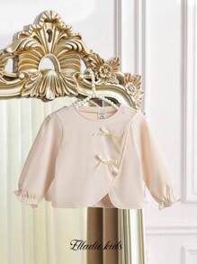 女宝宝双面羊毛荷叶边蝴蝶结长袖夹克，新品秋冬保暖舒适时尚优雅可爱独特外套 - 杏色 - 查看 1