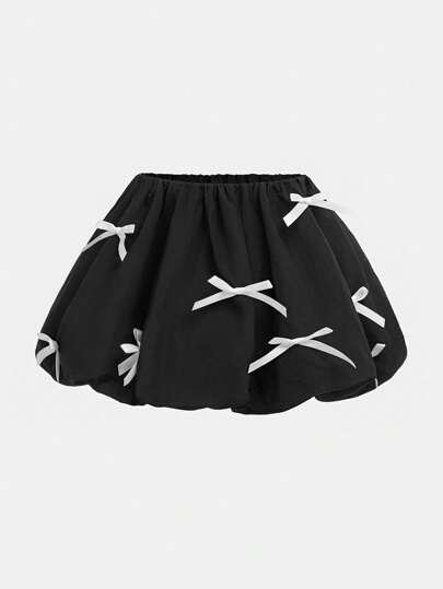 SHEIN Leap Crew 可爱别致的年轻女孩裙子，带有白色蝴蝶结装饰，适合情人节