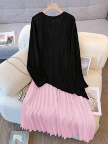 SHEIN LUNE Plus Size Solid Color Patchwork Round Neck Long Sleeve Casual Dress - Multicolor - View 2