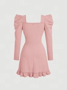 SHEIN MOD Vestido corto rojo con mangas abullonadas y lazo - Rosa - Ver 2