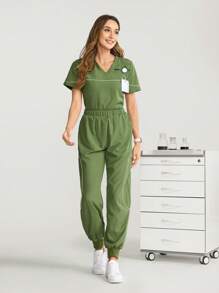 TaskEZ Short Sleeve New Design Patchwork Nursing Scrub Uniform Set - Green - View 4