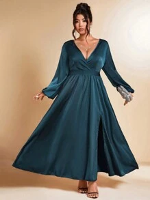 Allurite Robe maxi évasée fendue haute à col V élégante pour soirée pour femme en grande taille, tenue de mariage
