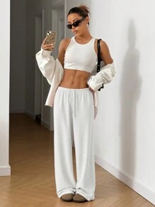 SHEIN EZwear Plus Size White Drawstring Waist Loose Pants, Autumn - White - View 6