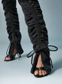 Denimoi Ruched Front Elastic Waist Slit Skinny Jeans - Black - View 2