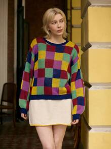 Skyraze 休闲马海毛混纺多色格子长袖毛衣，几何图案