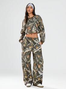 Lunelith SHEIN Lunessa 1 pièce Ensemble femme 2 pièces, sweat-shirt à capuche imprimé branche vert militaire polyvalent et décontracté, et pantalon large