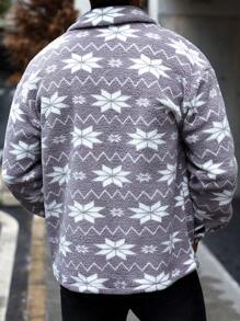 Manfinity Homme Men's Autumn And Winter Reversible Plush Warm INS Western Cowboy-Style Gray Shirt Jacket With Geometric Pattern Print, Featuring A Turn-Down Collar And Button Closure. Stylish And Cozy, Perfect For Layering In Colder Weather! Winter Men Jacket ,Thermal Shirts ,Fall And Winter Men Clothes