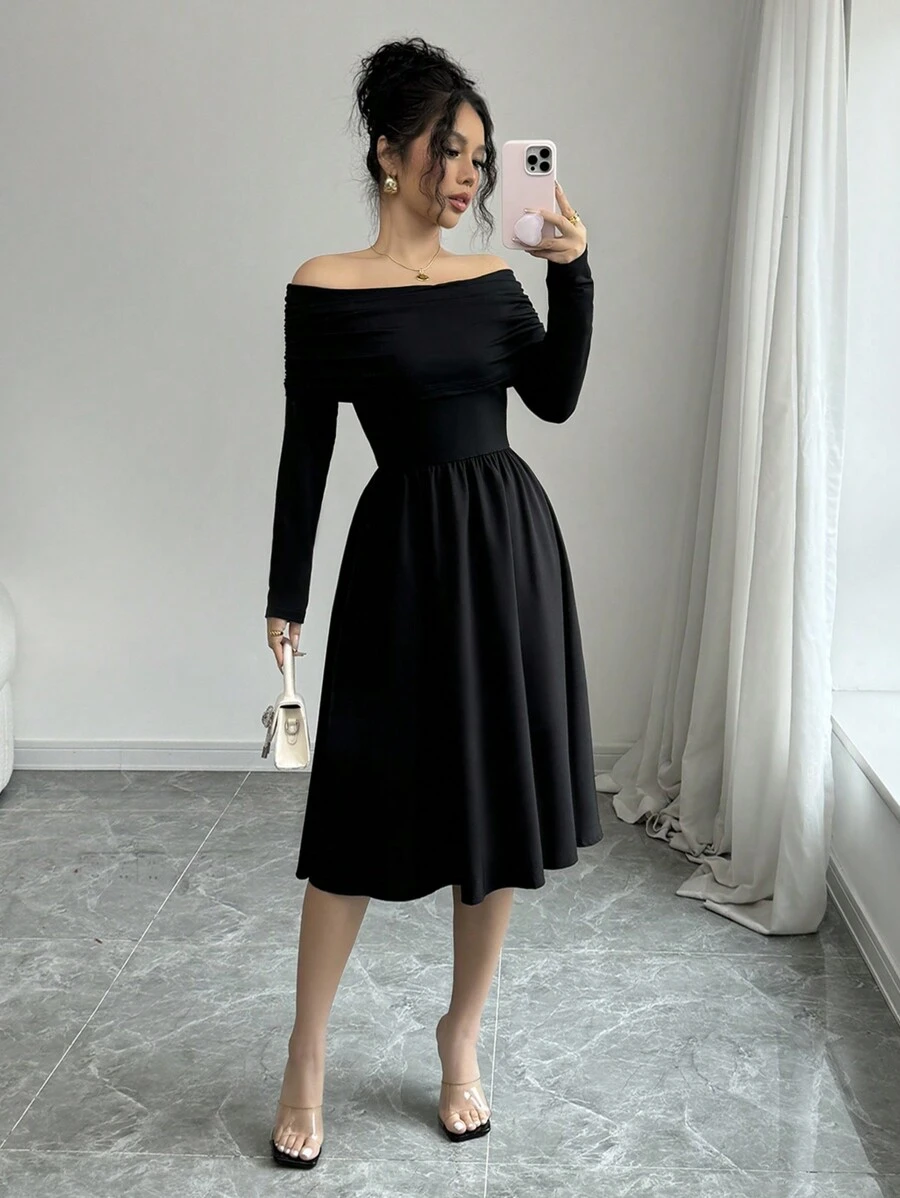 Elenzga Women's Solid Color Off-Shoulder Long Sleeve Casual Elegant Black Dress