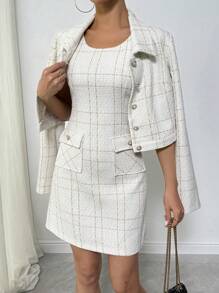 Calvaya 2 stuks/set elegante geruite print jas en mouwloze jurk outfit, herfst