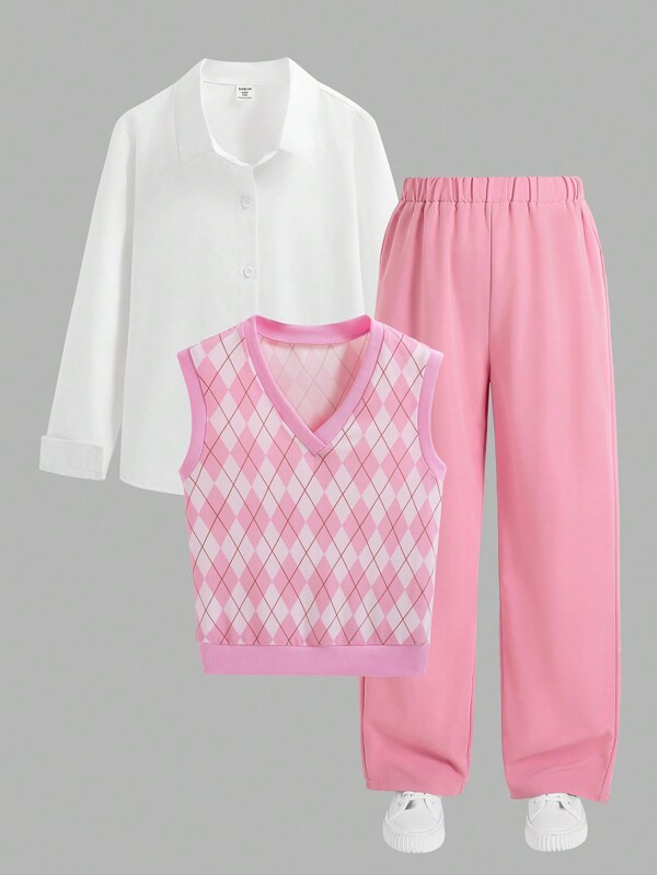 SHEIN 3pcs Tween Girl Set: Vest, Shirt, Pants, Casual College Style Outfit For Autumn/Winter