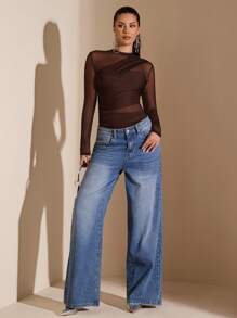 Women's Asymmetrical Long-Sleeved Transparent Bodysuit With Drawstring, Suitable For Cocktail Parties,  Dates, Autumn/Winter Base Layer, Parties, Formal Events, Nights Out, Halloween, Christmas - 咖啡棕 - 查看 6