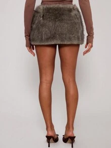 MUSERA Faux Fur Mini Skirt Summer Y2k Ibiza, Holiday, Club   Party  Valentines Day Spring - Grey - View 4
