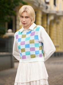 SHEIN Unity Women Colorful Plaid Mosaic Sweater Vest, Spring,Geometric Pattern - Multicolor - View 5