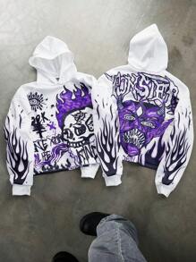 Manfinity EMRG Manfinity Streetrush Men's Youthful Street INS White Pullover Hoodie With Purple Flame Skull Monster Large Graphic And Letter Print, Dark Style, Hot Selling, Short Length. Fall And Winter Men Clothes , Graffiti Hood - Multicolor - View 5