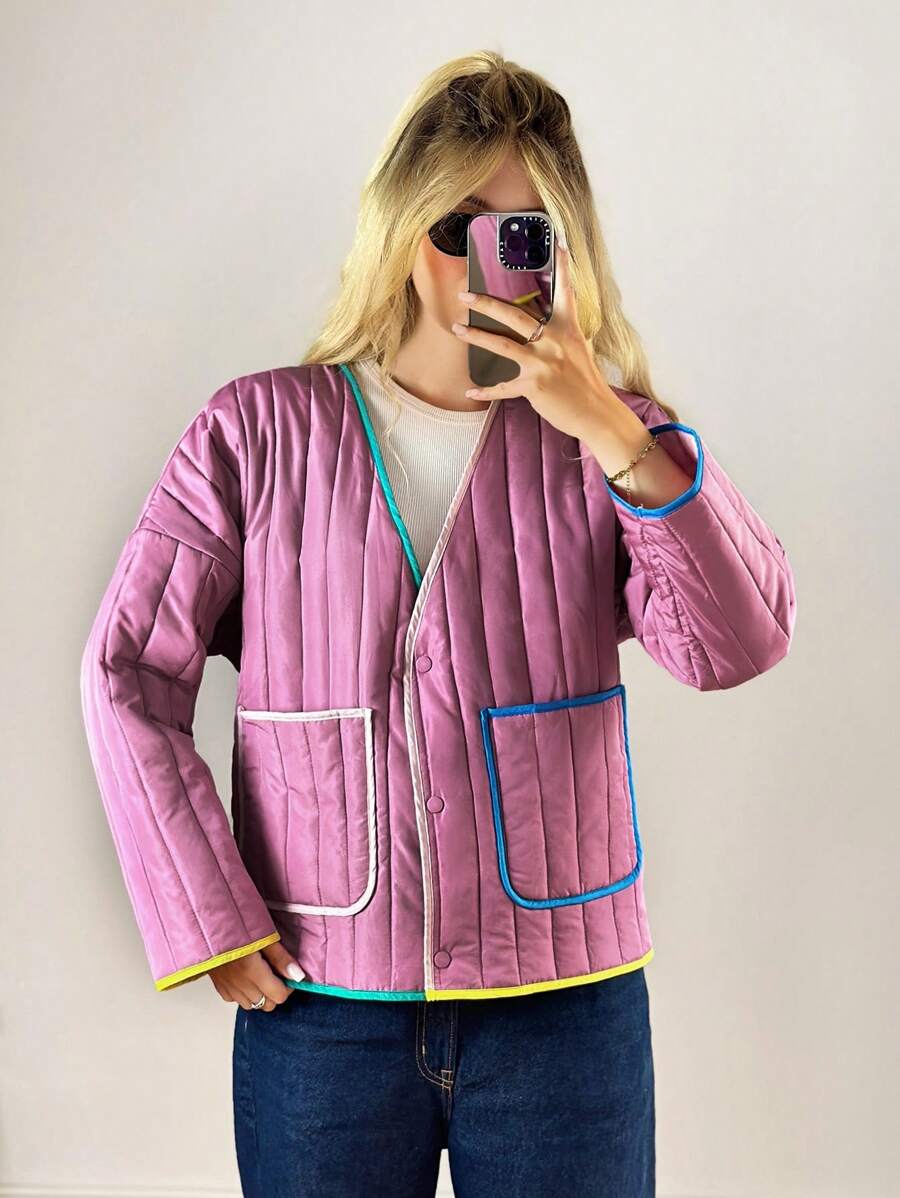 Forever 21 1 件女式宽松翻领长袖口袋加厚外套,适合冬季 - 紫色 - 查看 1