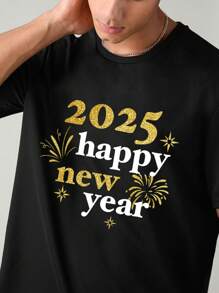 Manfinity VCAY 新年男士口号印花休闲宽松圆领短袖 T 恤