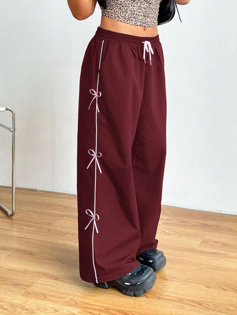 CovetEZ Plus Size Pink Bow Decor Drawstring Waist Cargo Pants For Summer - Burgundy - View 1