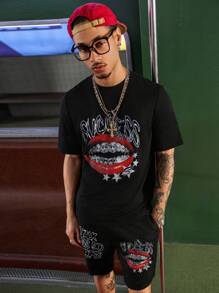 Manfinity EMRG Men's Oversized Graphic Print Round Neck Short Sleeve T-Shirt And Shorts Set, Casual,Men's Black T-Shirt And Shorts Set, With Eye-Catching Red Lips Inlaid With Diamonds And The Word "SUCCESS", Is Fashionable And Street-Style. Suitable For Outdoor Sports Occasions. - Black - View 7