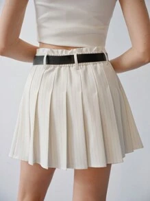 MOTF STUDIO 条纹褶饰腰带裙 - 白色 - 查看 6