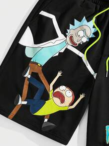 Rick and Morty X SHEIN Plus Size Men Casual Cartoon Print Drawstring Waist Shorts, Summer - Black - View 4