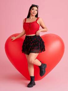 SHEIN EZwear Women's Plus Size,Valentine's Day,Flocked Heart Print Mesh Tiered Mini Skirt,Spring Summer Clothes - Black - View 4