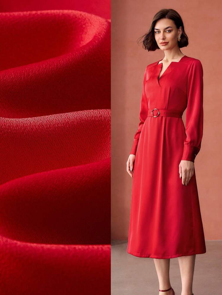 VESTIDO DE VUELO CON HEBILLA Y CINTURÓN, CUELLO ENTALLADO SÓLIDO