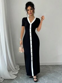 Selianne Váy ngắn tay hai tông màu cài nút phía trước dành cho nữ - Đen và trắng - Xem 1