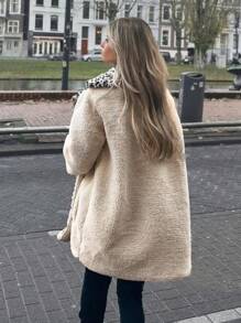 RueChic Women Leopard Lined Sherpa Teddy Over Coat - Beige - View 2