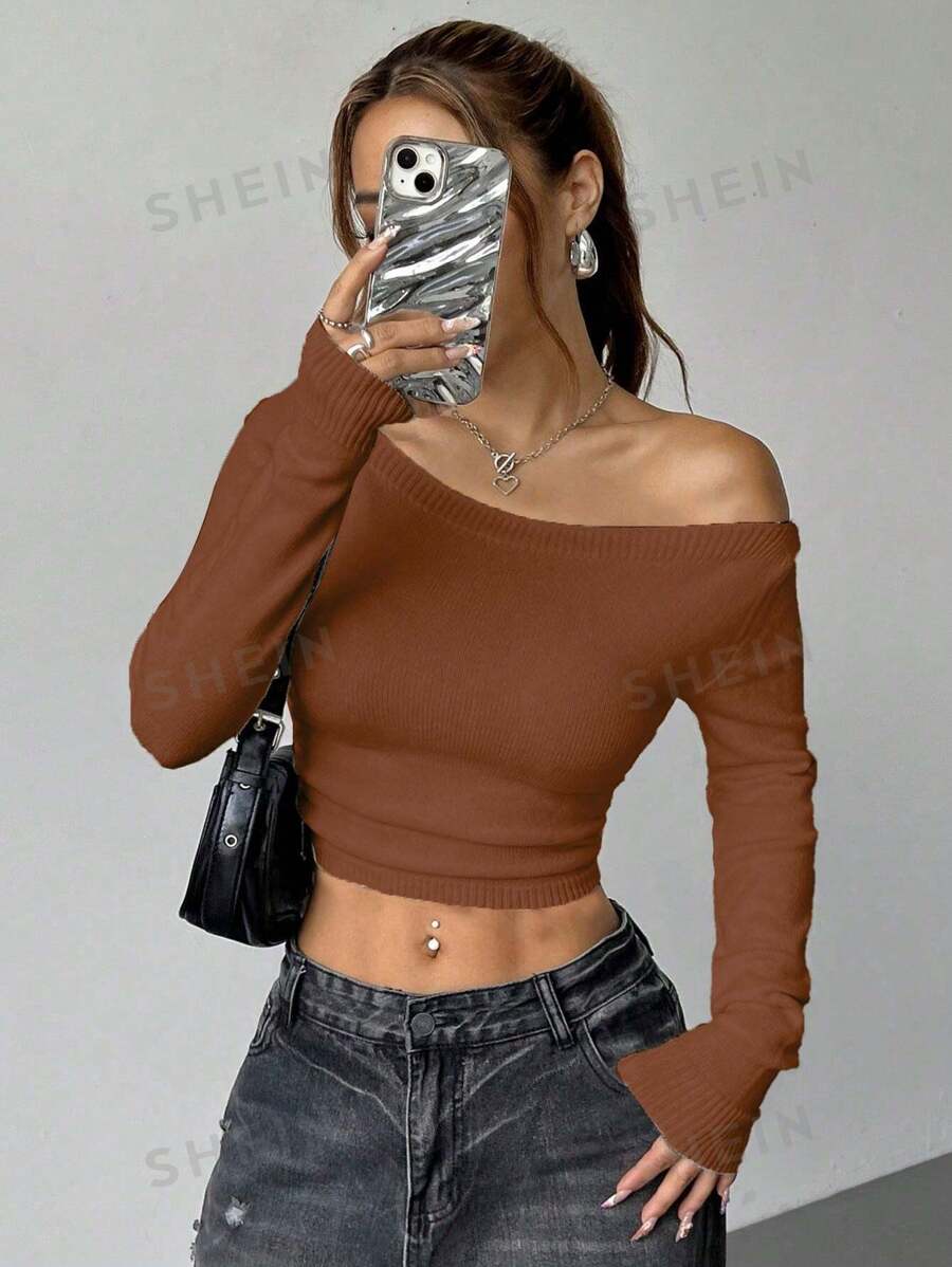 Flirla Suéter de punto ajustado con cuello asimétrico de unicolor informal, suéter de otoño e invierno - Óxido marrón - Ver 1