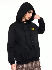themindfulbutterflyy Streetwear College Style Slogan Print, & Floral Embroidery Mesh Hooded Sweatshirt - Black - View 3