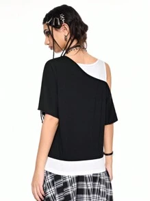 ROMWE Grunge Punk Y2K 垃圾摇滚亚文化朋克仿旧复古藤蔓印花宽松落肩二合一女式 T 恤 - 黑色 - 查看 4