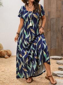 EMERY ROSE Plus Size Women Blue Floral Print Short Sleeve Square Neck Maxi Dresses,Vacation Dresses ,Women Summer Dresses