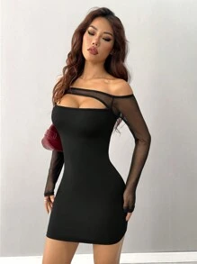 INAWLY 女士性感露肩前镂空黑色网眼拼接长袖紧身迷你连衣裙 - 黑色 - 查看 6