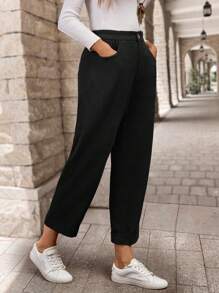 EMERY ROSE Women's Solid Color Front Button Pocket Simple Casual Long Pants - Black - View 6