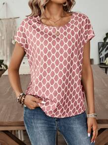 EMERY ROSE Geometric Abstract Green Pattern Women's Casual Short Sleeve Summer Top Blouse