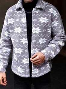 Manfinity Homme Men's Autumn And Winter Reversible Plush Warm INS Western Cowboy-Style Gray Shirt Jacket With Geometric Pattern Print, Featuring A Turn-Down Collar And Button Closure. Stylish And Cozy, Perfect For Layering In Colder Weather! Winter Men Jacket ,Thermal Shirts ,Fall And Winter Men Clothes