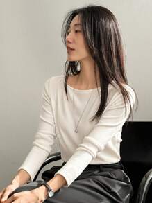 Dazy-Less Áo thun nữ cổ tròn tay dài màu trơn, mặc hàng ngày, trang phục mùa thu - trắng - Xem 7