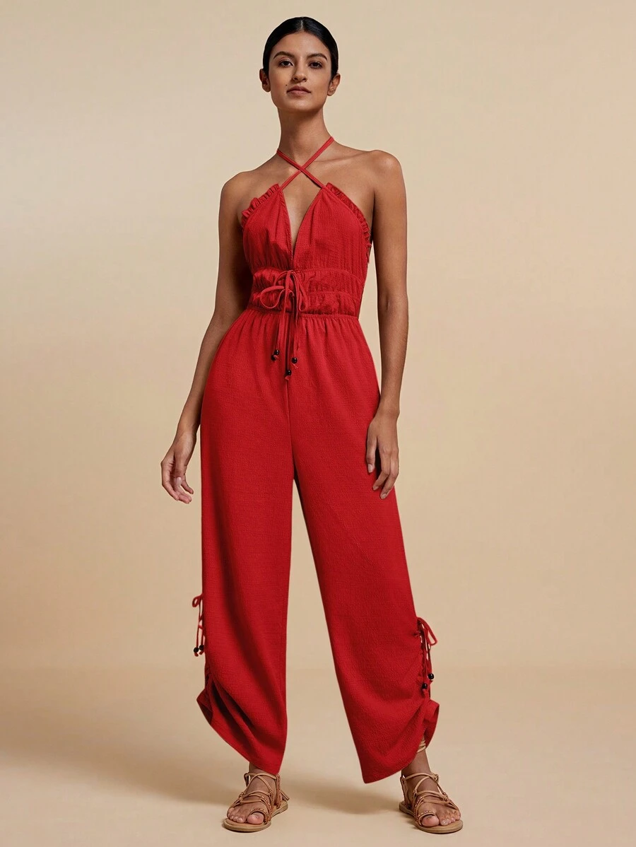 Travachic Women'S Front Knot Criss-Cross Halter Neck Jumpsuit - Red - View 1