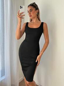 Siren Gaze 條紋針織高衩背心洋裝 - 黑色 - 查看 4