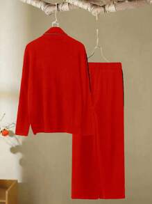 SHEIN LUNE 2 件大码女式针织条纹高领上衣和裤子毛衣套装，秋冬