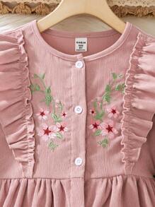 Tween Girl Flower Embroidery Ruffle Hem Dress - Pink - View 10