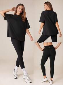 GLOWMODE 2 件 Pima 棉臀长 T 恤和 24 英寸 FeatherFit™ 紧身裤套装，带侧袋，低冲击瑜伽日常