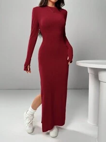 SHEIN EZwear Đầm dài xẻ tà màu trơn thanh lịch - Đỏ - Xem 6