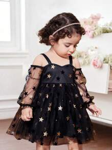SHEIN Babygirl 圣诞优雅连衣裙，黑色网眼星星装饰无袖和长袖连衣裙，适合派对、聚会、生日 - 黑色 - 查看 1