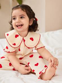 SHEIN 女宝宝简约时尚可爱心形格子印花短袖裤子两件套睡衣套装 - 紅白色 - 查看 3