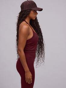 Musera Sport Seamless Halterneck Strap Fitted Activewear Crop Top, Padel, Tennis, Pickleball Gym Fitness Winter - Burgundy - View 2