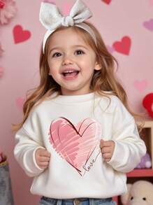 SHEIN 情人节可爱粉红心年轻女孩休闲日常舒适厚针织长袖运动衫 - 白色 - 查看 3