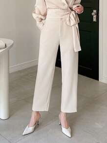 DAZY Women's Casual Solid-Color Fitted Cropped Pants Work Women Clothes Women Dress Pants - Beige - View 6